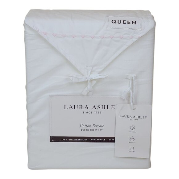 Laura Ashley Queen Sheet Set Cotton Percale Pink Heart Embroidered Easy Care - Picture 1 of 7
